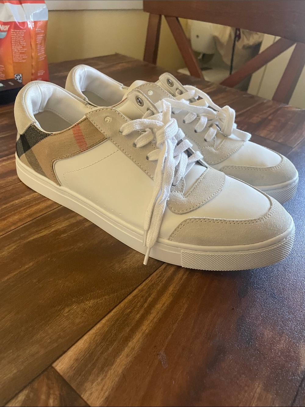 Burberry White Leather Sneakers with Beige and Tan Plaid Accents